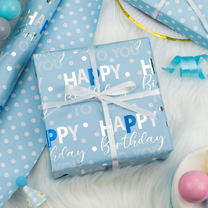 Happy Birthday Gift <b>Wrapping</b> <b>Paper</b> Blue Polka Dot Design Double Sided Art <b>Paper</b> Recyclable For Packaging And Craft Use - Product Image 2