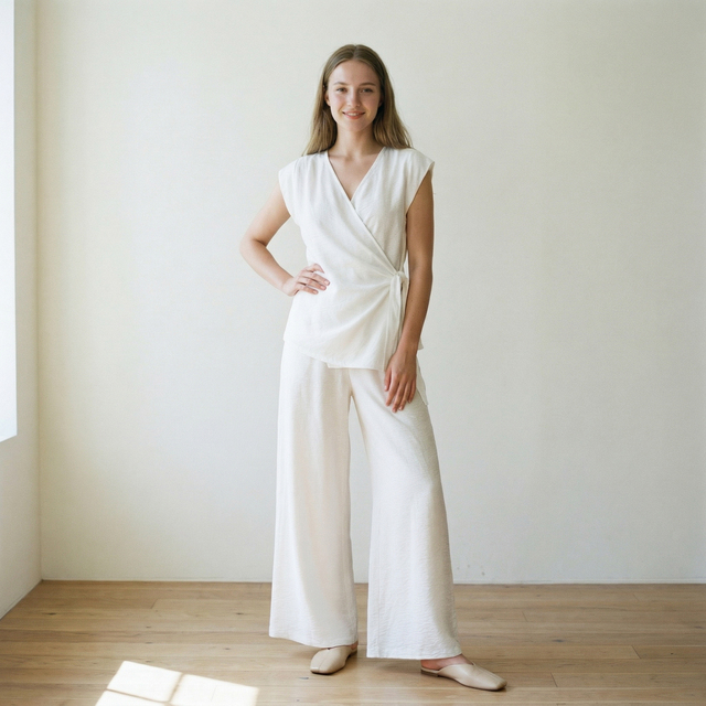 Women White  Wide Leg Pants 2 Piece Set Casual Linen Cotton Sleeveless V Neck Tie Waist Matching Pants Set