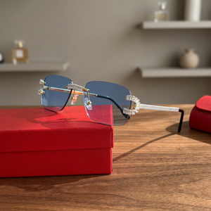Lunettes de soleil rectangulaires sans monture avec accents en cristal, verres bleus dégradés, style unisexe pour adultes, protection UV, boîte incluse - Product Image 1