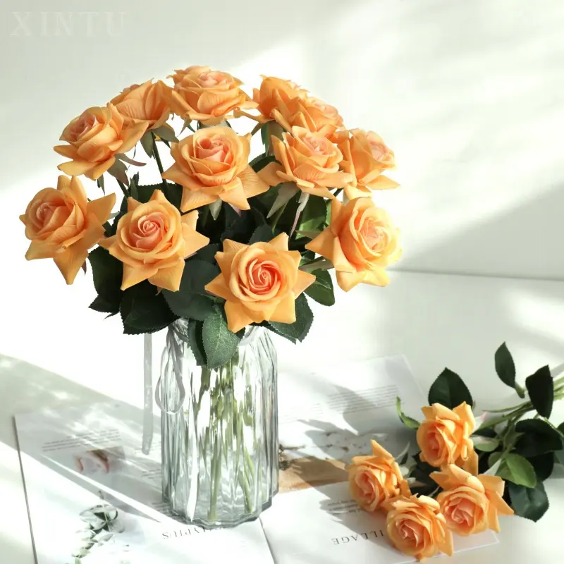 Bunga Mawar Sentuhan Asli, Batang Dahan Mawar Terasa Simulasi Dekoratif Bunga Mawar Buatan untuk Rumah Pernikahan