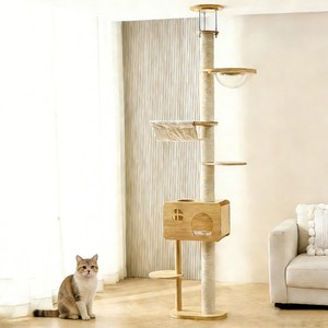 برج قطط خشبي كبير وعصري، قابل لتعديل الارتفاع من الأرض إلى السقف، مع إطار تسلق وسرير ومنصة قفز وبيت للحيوانات الأليفة - Product Image 1