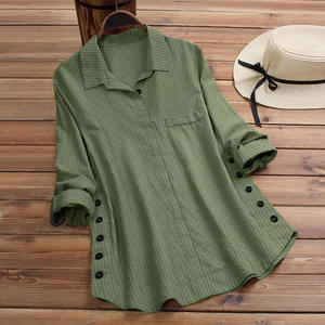 レディース ソリッドカラー ストライプ ボタンフロント フェイクポケット ストライプ 長袖シャツ ファッション - Product Image 1