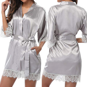 Roupa de Dormir Sexy, Pijamas, Lingerie, Mini Vestido Sólido para Mulheres Plus Size, Vestido de Cetim com Renda, Camisola com Decote em V, Robe de Banho - Product Image 4