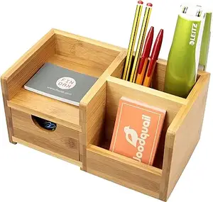 木质书桌收纳器，带抽屉笔架书桌，4个隔间，由天然竹子制成