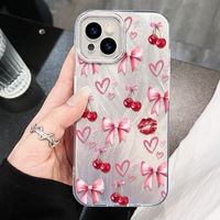 Funda Protectora para Teléfono Móvil con Estampado de Labios y Lazo de Cereza, Diseño de Seda Plateada para iPhone 8 X Xr Xs Max 11 12 13 14 15 16 17 Air