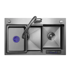 Tiktok bak cuci dapur Nano Anti gores, mangkuk ganda 201/304 Stainless Steel buatan tangan untuk dapur Bawah