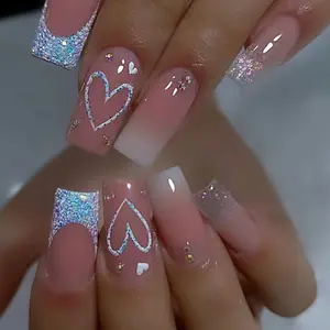 Love Heart Glitter Fake Nails Long Square French Coffin Press on Nails Tips Faux Ongles Press On Acrylic False Nail Full Cover F