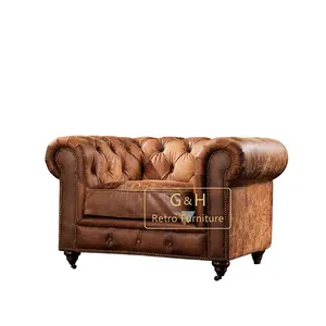 Leather 3 Seater Couch Furniture, Melpomene Button Classic Tufted Chesterfield Settee Sofa with Rolled Arm for Living Room