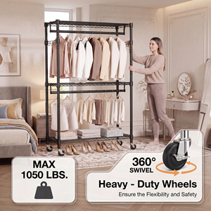 MZG Heavy Duty 3 Tier Commercial Garment Rack <b>with</b> <b>Shelves</b> Double Rods & <b>Hooks</b> Rolling Metal Clothing Rack - Product Image 4