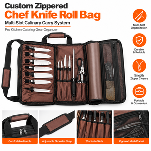 Sac de transport zippé personnalisé pour couteaux de chef, système de transport culinaire multi-emplacements, organisateur d'équipement professionnel pour la restauration - Product Image 1