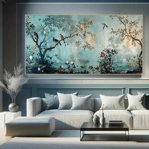 Pintura decorativa <span class=keywords><strong>de</strong></span> <span class=keywords><strong>turquesa</strong></span> y <span class=keywords><strong>flores</strong></span> y pájaros Extra ancha moderna sin marco <span class=keywords><strong>de</strong></span> la marca Diytree para la decoración del hogar y el dormitorio - Product Image 5