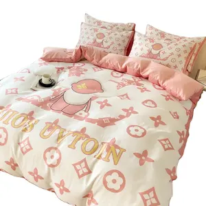 Set biancheria da letto 4 In 1 In cotone spazzolato Set biancheria da letto copripiumino King Size rosa bianco