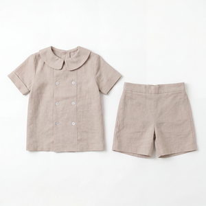 Ensemble assorti personnalisé en coton et <span class=keywords><strong>lin</strong></span> pour garçons, avec chemise à col Peter Pan et <span class=keywords><strong>short</strong></span>, idéal pour l'été - Product Image 3