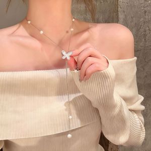 Butterfly Pearl Long Necklace With Pull-out Design For Women Sweater Chain Party Accessory - Product Image 2