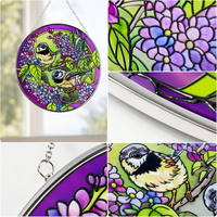 YAPPIE HD-0071 Attrape-soleil en vitrail Art Déco avec couple de moineaux et fleur violette, décoration de fenêtre, cadeau d'anniversaire, personnalisable