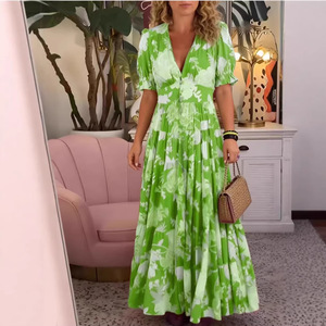 Plus Size Floral V-Neck <b>Dress</b> <b>Elastic</b> Waist Long Beach Vacation Cover Up Loose Maxi <b>Dress</b> - Product Image 4
