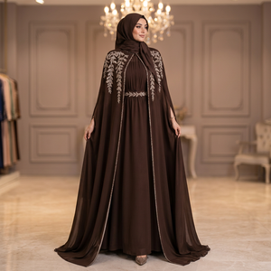 Elegant Brown Embroidered Organza A-Line <b>Abaya</b> Floor-Length Scoop Neck Watteau Train Cloak Sleeve Modest <b>Dress</b> for Women - Product Image 2