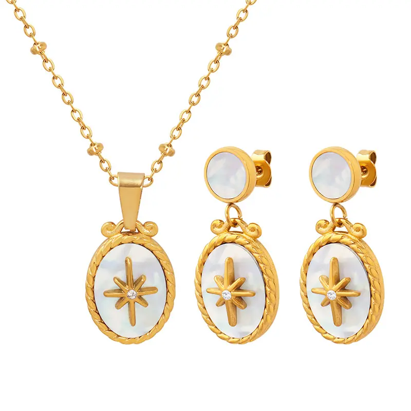 DUYIZHAO Ins Style Stainless Steel Gold Plated Oval White Shell Star Pendant Necklace Earrings Fashion Jewelry Set For Women