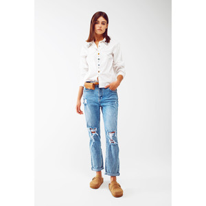 Jean droit déchiré aux genoux en denim bleu clair - Product Image 4