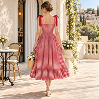 Robe midi pour femme en gros, tissée à carreaux, avec bretelles à nœud papillon, corsage corset, jupe froncée et ourlet à volants, coupe trapèze