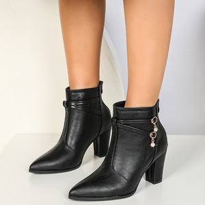 Botines para mujer con punta en pico, tacón grueso, decoración de diamantes de imitación, tendencia de moda, estilo otoño-invierno - Product Image 1