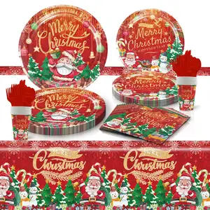 Merry Christmas Santa Snowman Red Cup Napkins Themed Kids Party Supplies Disposable Plate Christmas Paper Tableware