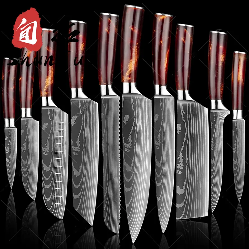 10 pcs knife japanese vg10 super carbon steel damascus santoku chef knife set with magnet wooden stand