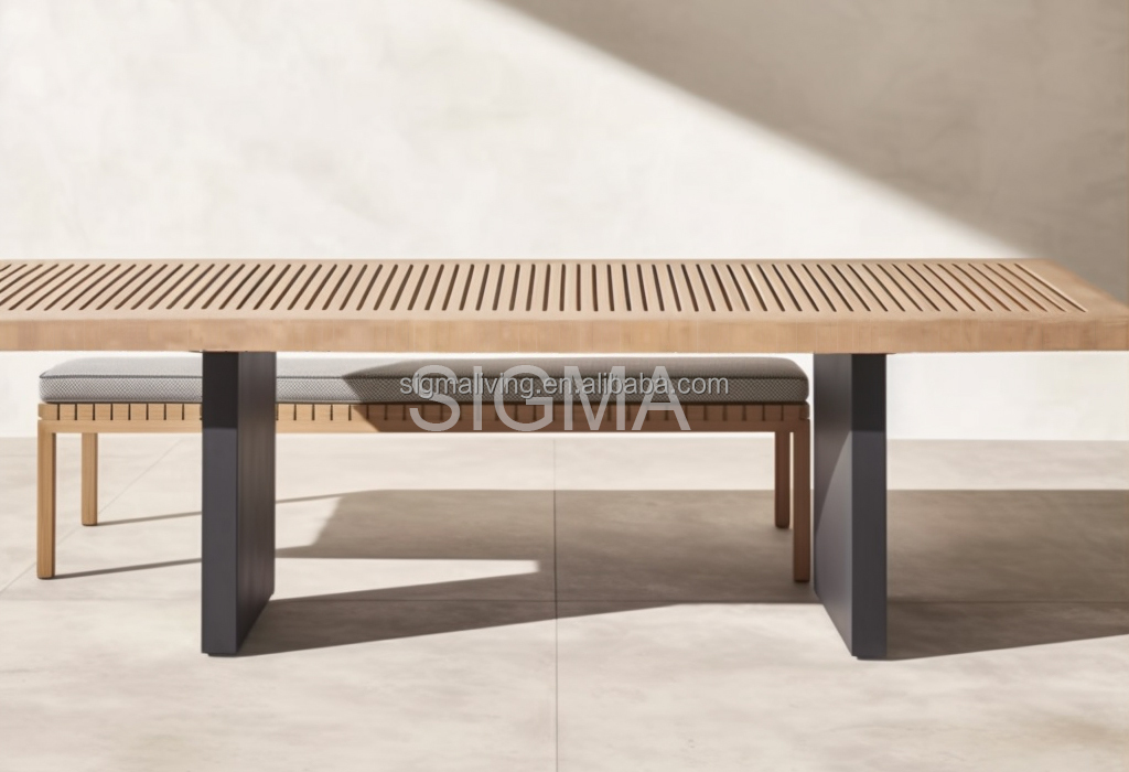 Custom garden outdoor furniture set rectangle table handcrafted multiple seats teak wooden dining chair