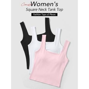 Camisetas sin mangas de cuello cuadrado con doble forro para mujer, top corto básico de verano sin espalda, de punto transpirable de elastano y poliéster - Product Image 3