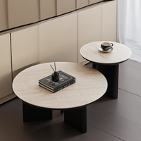Table basse en bois massif de style cabane minimaliste moderne avec plateau en travertin ; Table d'appoint vintage ; Salon, maison