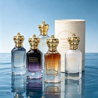 Flacon de parfum en verre noir de haute qualité, à base épaisse, élégant, 50 ml, 100 ml, vide, avec logo personnalisé, boîte et couvercle couronne