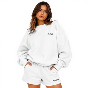 Nuova <span class=keywords><strong>Felpa</strong></span> Oversize Personalizzata Eco-Friendly a Maniche Lunghe, Colore <span class=keywords><strong>Bianco</strong></span>, Collo Alto, <span class=keywords><strong>con</strong></span> Pantaloncini, Abbigliamento Sportivo - Product Image 1