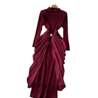 Robe élégante en nylon rouge pour femme, col rond, plissée, manches longues, taille ajustée, mi-longue, amincissante, style automne, luxe léger