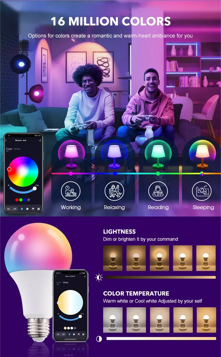 Fxpot Energy Saving Remote Tuya App Control E27 10W 16 RGB Colors Dimming Led Smart Light Alexa Bulb