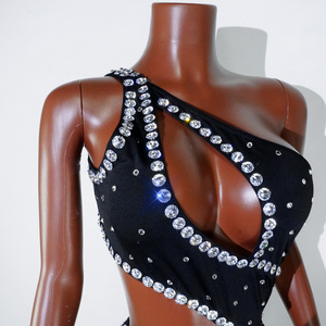 Combinaison personnalisée Techno <span class=keywords><strong>Noir</strong></span> Cyber Diva, justaucorps asymétrique à découpes avec strass 3D, tenue de scène pour le festival Coachella - Product Image 5