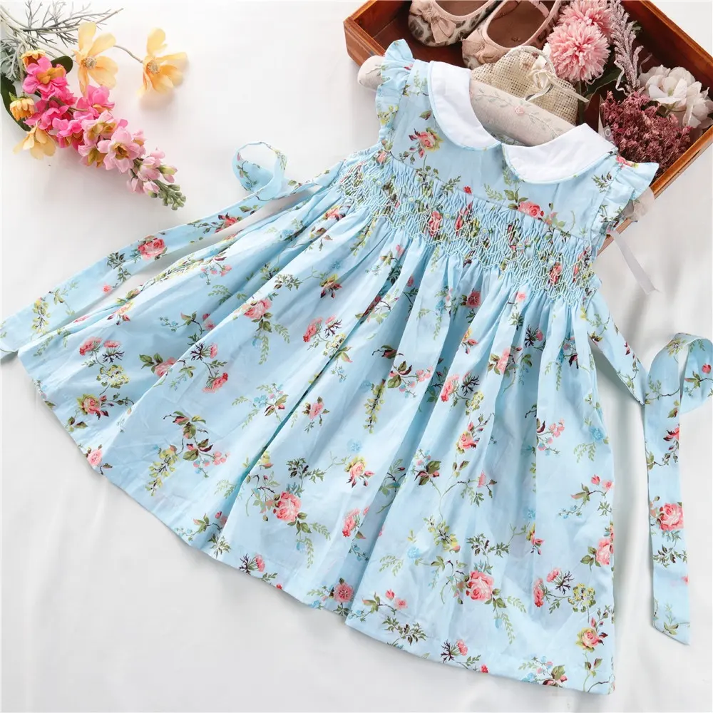 3-7 years princess embroidery flower little girls smocked dress infant baby girls' dresses smocking 100% cotton clothes