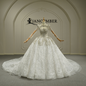 Robe de mariée luxueuse à col montant, style Empire, avec perles de cristal et appliques en dentelle, traîne chapelle, modèle GT26031 - Product Image 1