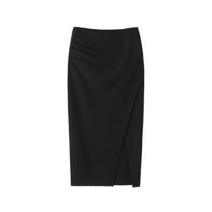 Falda Midi Ajustada Negra Kendall Jeans con Abertura, Cintura Natural, Microelasticidad, Color Sólido, Poliéster, Falda para Mujer N9246 - Product Image 1