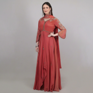 Colección Glam Étnica de Moda, Vestido de Diseñador de 3 Piezas para Mujer, Color Ladrillo, con Cuentas de Lentejuelas y Bordado - Product Image 1