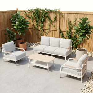 Ensemble <span class=keywords><strong>de</strong></span> <span class=keywords><strong>salon</strong></span> <span class=keywords><strong>de</strong></span> <span class=keywords><strong>jardin</strong></span> moderne <span class=keywords><strong>en</strong></span> aluminium blanc avec coussins imperméables <span class=keywords><strong>gris</strong></span> clair et table basse <span class=keywords><strong>en</strong></span> bois, 4 pièces - Product Image 4