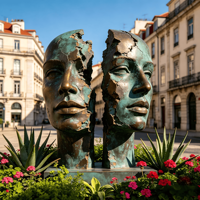 Sculpture en bronze à double visage, idéale pour les cours de villas et les parcs extérieurs