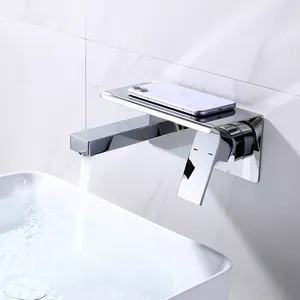 Wall mounted polished chrome washroom water tap mixer single handle bathroom brass basin faucet with phone holder