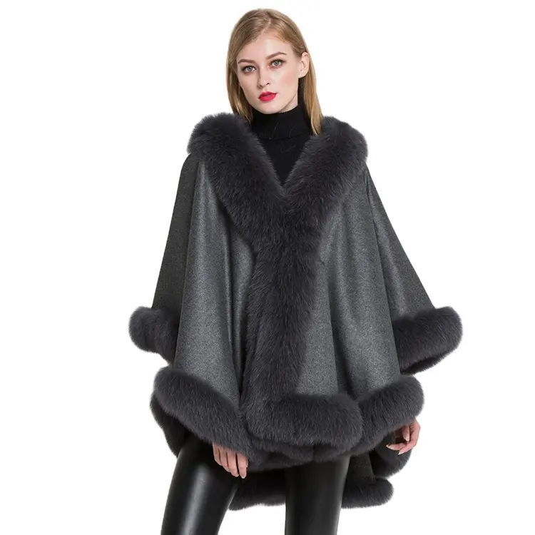 Toptan zarif kaşmir pelerin panço moda kadın kürk şal gerçek Fox kürk Trim ile