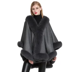 Wholesale Elegant Cashmere Cape Poncho Fashion Women Fur Shawls with Real Fox Fur Trim