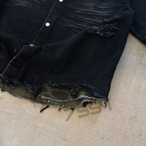 Streetwear giacca <span class=keywords><strong>camicia</strong></span> di <span class=keywords><strong>Jeans</strong></span> a manica corta Vintage strappata e lavata <span class=keywords><strong>camicia</strong></span> personalizzata con orlo grezzo con orlo abbottonatura camicie in Denim da <span class=keywords><strong>uomo</strong></span> - Product Image 5