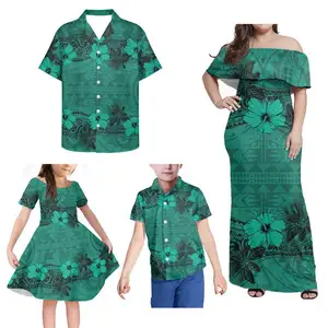 Family Matching Sets of 4 Piece Customize Girls Dress Set Kid Dress And boys T Shirt Set Men Polynesian Tribal Green Flower