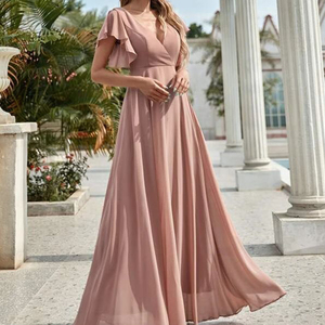 Robes de <span class=keywords><strong>demoiselle</strong></span> <span class=keywords><strong>d</strong></span>'<span class=keywords><strong>honneur</strong></span> personnalisables <span class=keywords><strong>Robe</strong></span> en mousseline de soie <span class=keywords><strong>rose</strong></span> unie à col en V profond avec taille naturelle teint en plaine pour les femmes - Product Image 5