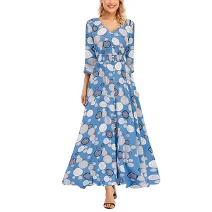 Women 2023 3/4 Sleeve Beach Party Dress V Neck Casual Loose Floral Print Buttons Down Long Maxi Dress