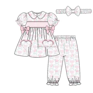 Neuzugang smock kinderbekleidung individuell bedruckt mädchen-sets + gewand frühling kleinkind dreiteiliges mädchen-pajamas-set