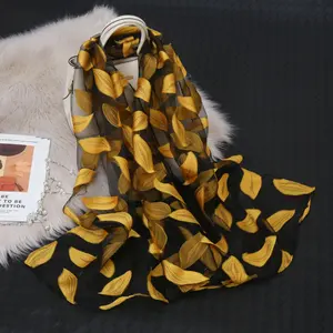 Spring summer organza head scarf for women transparent cut scarf jacquard yellow leaves long scarf hijab shawls